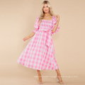 Casual Wear Puff Sleeve Plaid Smocked Midi Dress